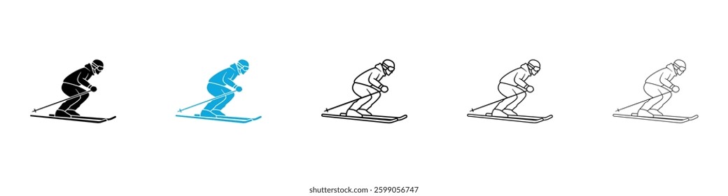 Skiing icons vector illustrations in black and blue colors for web and ui designs