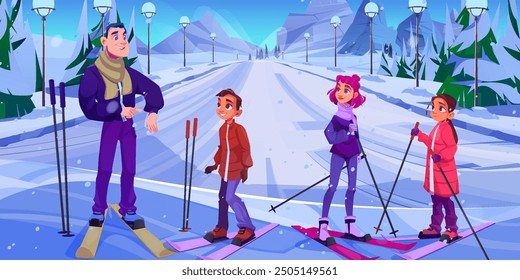 Skiing instructor training children in winter mountains. Vector cartoon illustration of male teacher and group of teenagers at ski resort, outdoor sports activity, white snowy landscape with forest