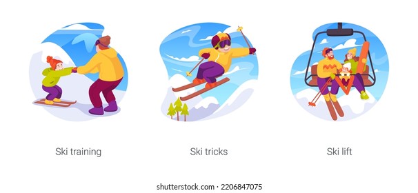 Skiing isolated cartoon vector illustration set. Adult teaching the kid how to ski, seasonal sport, young teen jumping and making trick on snow, extreme sport, lift mountain slope vector cartoon.