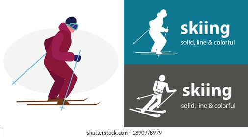 Skiing isolated vector flat icon. silhouette line solid design element