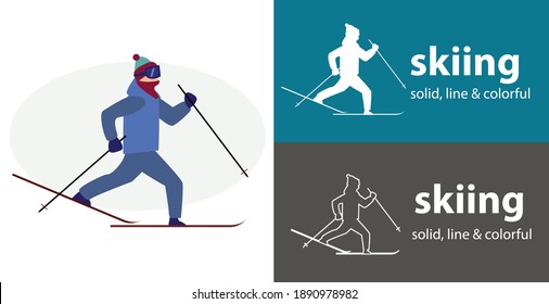 Skiing isolated vector flat icon. silhouette line solid design element