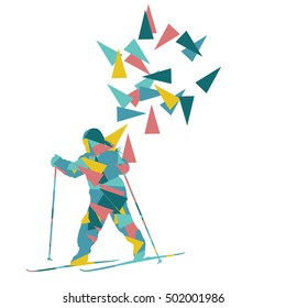 Skiing kid skier vector background abstract illustration concept made of polygon fragments isolated on white