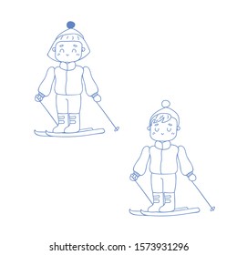 Skiing kids in Japanese style. Hand-drawn vector illustration.