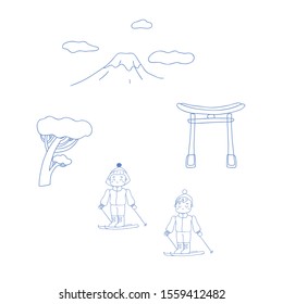 Skiing kids in Japanese style. Set of Japanese symbols. Vector hand-drawn illustration.