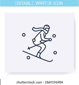 Skiing line icon. Man skates ski. Jumping skier. Winter holidays and leisure concept. Sport, hobby. Isolated vector illustration. Editable stroke 