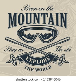 Skiing logo concept, Vector illustration of a ski glasses with crossed ski poles on the light background.