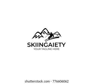 Skiing Logo Template. Mountains And Skier Vector Design. Slalom Illustration