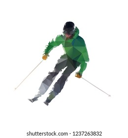 Skiing, low polygonal downhill skier in green jacket. Front view. Winter sport