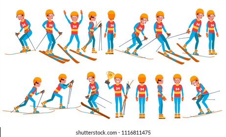 Skiing Male Player Vector. Slope Competition. Recreation Lifestyle. In Action. Cartoon Character Illustration
