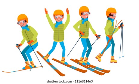 Skiing Male Vector. In Action. Man On Skis. Winter Sport. Ski Suit. Cartoon Character Illustration
