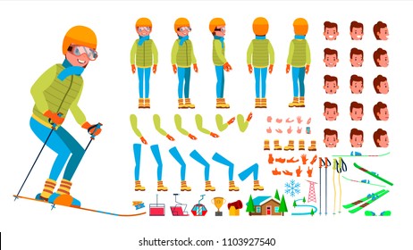 Skiing Male Vector. Animated Character Creation Set. Man Full Length, Front, Side, Back View, Accessories, Poses, Face Emotions, Gestures. Isolated Flat Cartoon Illustration