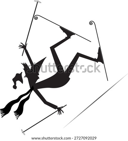 Skiing man black on white silhouette. 
Winter sport. Falling down skier man
