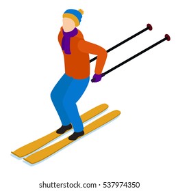 Skiing man, Skiing  isometric man. Winter scene. Winter activities.  Isometric people. Isometric christmas, Outdoor activities, Yong boy. Family leisure, Winter scene isolated on white, Isometric boy