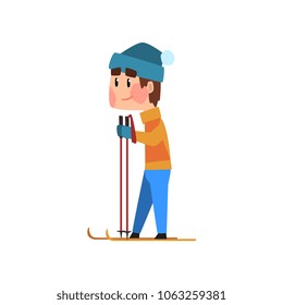 Skiing man in an orange jacket and blue hat vector Illustration on a white background