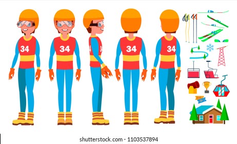 Skiing Man Player Male Vector. Extreme Speed On Downhill. Cold Downhill. Cartoon Athlete Character Illustration
