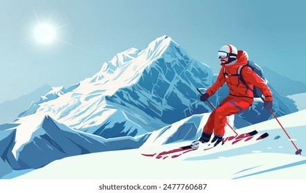 Skiing man in red outfit on snowy mountain with clear blue sky, Vector illustration