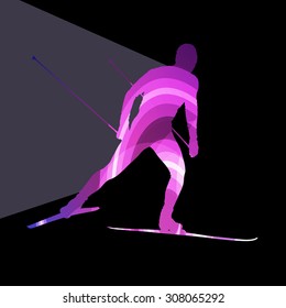 Skiing man silhouette illustration vector background colorful concept made of transparent curved shapes