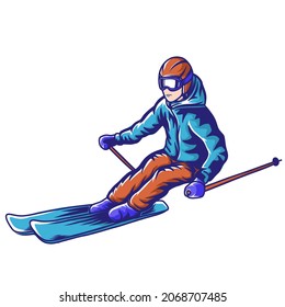 Skiing man vector illustration. Young man skiing in the snow, winter 