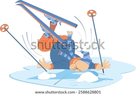 Skiing man. Winter sport.
Falling down skier man. Skier man smashed into the snow.
