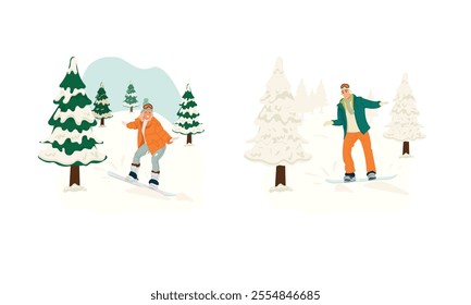 Skiing man and woman, set.