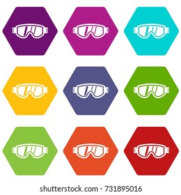 Skiing mask icon set many color hexahedron isolated on white vector illustration