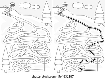 Skiing maze for kids with a solution in black and white