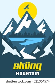 Skiing Mountain. Eagle flying over the mountains. Frozen River, ice. Road and horizon. Nice view of the nature. Pine forest. Resting place. Fresh air. Winter landscape. Vector illustration.