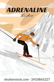 Skiing in the mountain poster design. Men skier vintage poster design. Travel poster of winter in colorado