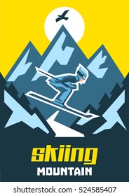 Skiing mountain. The skier is heading down the slope. Leap from the mountain. Road and horizon. Designed for printing of invitations, greeting cards, advertising. Fresh air. Winter landscape