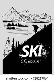 Skiing in the mountains. Hand drawn sketch converted to vector