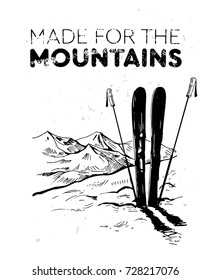 Skiing in the mountains. Hand drawn sketch converted to vector