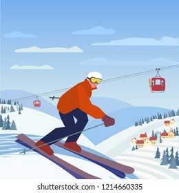 Skiing in mountains. Skier slope on snowy hill. Colorful extreme sport cartoon. Winter outdoors leisure in resort. Downhill from mountain top. Advertisement active lifestyle banner, flyer template