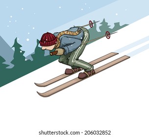 Skiing in the mountains, vector illustration