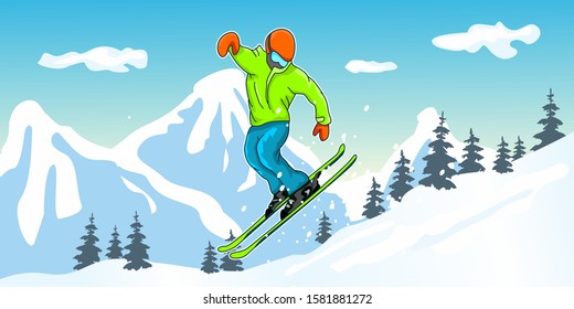 Skiing in the mountains. Vector illustration of ski jump. Colorful landscape with snow-covered hills.