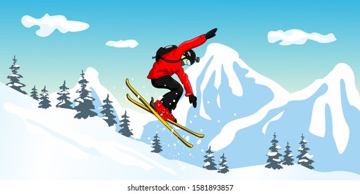 Skiing in the mountains. Vector illustration that promotes recreation, sports, tourism and travel. Colorful landscape with snow-covered hills.