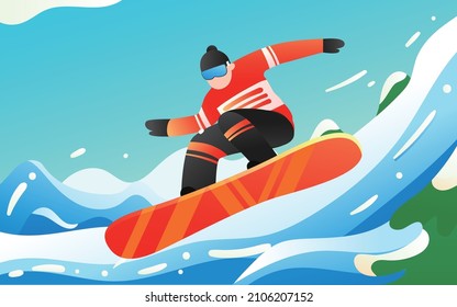 Skiing in the mountains. Vector illustration that promotes recreation, sports, tourism and travel. Colorful landscape with snow-covered hills and wild coniferous forest.