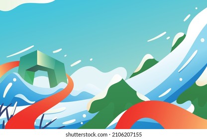 Skiing in the mountains. Vector illustration that promotes recreation, sports, tourism and travel. Colorful landscape with snow-covered hills and wild coniferous forest.