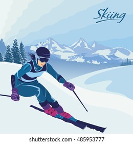 Skiing in the mountains. Vector illustration that promotes recreation, sports, tourism and travel. Colorful landscape with snow-covered hills and wild coniferous forest.