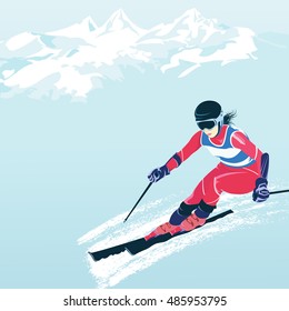 Skiing in the mountains. Vector illustration that promotes recreation, sports, tourism and travel. Colorful landscape with snow-covered hills and wild coniferous forest.