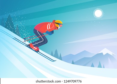 Esquiando en las montañas. Ilustración vectorial en estilo plano moderno con esquiador en traje deportivo rojo, esquí cuesta abajo en el paisaje montañoso de la nieve.