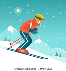 Esquiando en las montañas. Ilustración vectorial en estilo plano moderno con esquiador en traje deportivo rojo esquiando cuesta abajo en el paisaje montañoso de la nieve.