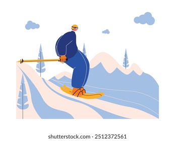 Skiing near icy hills with downhill terrain, extreme sports vector illustration.