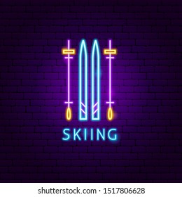 Skiing Neon Label. Vector Illustration of Sport Promotion.