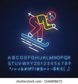 Skiing neon light icon. Winter extreme sport, risky activity and adventure. Cold seasonal outdoor dangerous leisure and hobby. Glowing sign with alphabet, numbers. Vector isolated illustration