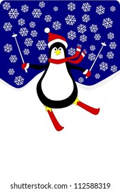 Skiing penguin in snowy winter with a plain space for greetings.