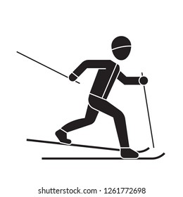 Skiing person black vector concept icon. Skiing person flat illustration, sign