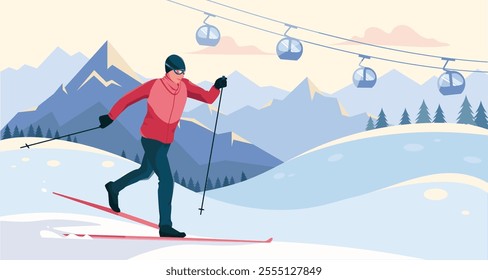 Skiing person in winter landscape with mountains and cable cars. Vector illustration