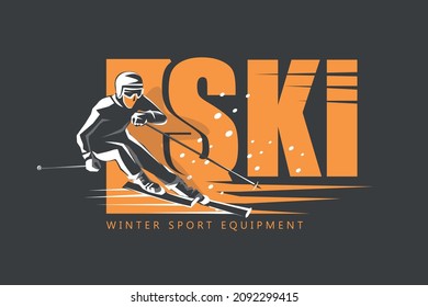 skiing poster, flyer or card template, winter equipment shop banner