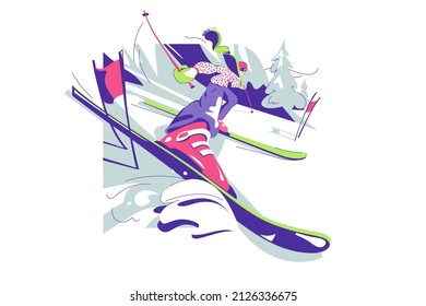 Skiing pro guy character in mountains on ski tool vector illustration. Advanced skier on downhill flat style. Winter sport activity concept