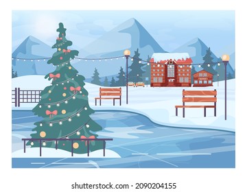 Skiing resort ice skating rink. Winter village with a hotel and ski tracks and lifts. Snowy hills and forest scenery. Beautiful nature in snow, december freezing weather. Flat vector illustration